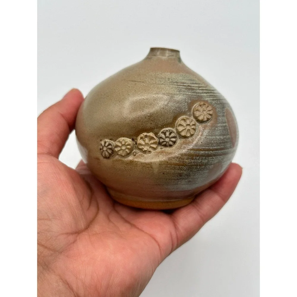Vintage Studio Pottery Bud Vase Brown Salt Glazed Floral Stoneware Artist Signed